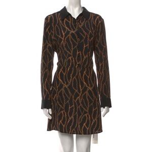 L'Agence Estelle Chain-Print Shirtdress Black Brown Gold Chain Link Dress Collar